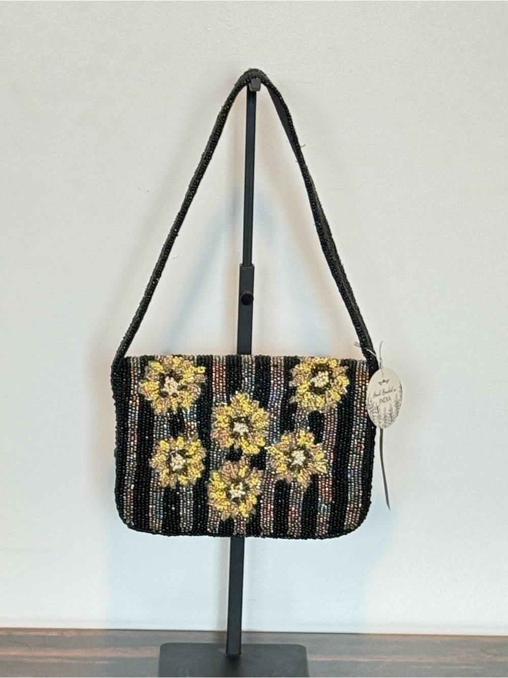 New hand Beaded Floral Shoulder Bag - Black & Gold sunflowers